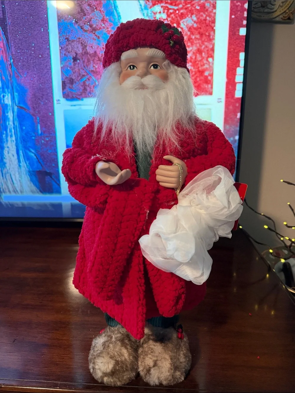 Red bathrobe Santa with furry slippers bath wash cloth cap pajamas new with tag